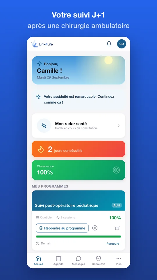L'application Link4Life sur le téléphone d'un patient : tableau de bord du suivi post-opératoire à J+1, programme actif, observance à 100 %